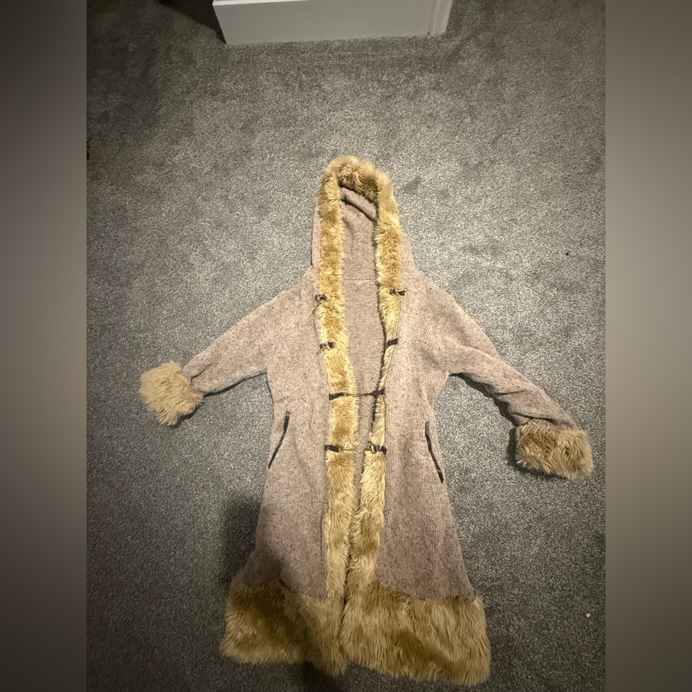 Vintage 70s Penny Lane Fur Tan Leather Hooded Buckle Coat sweater JacketXS/S